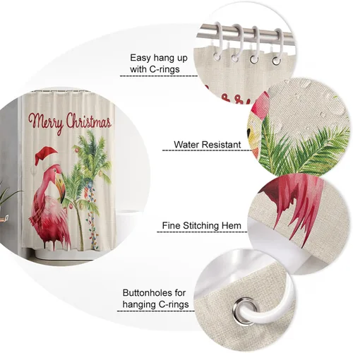 Vista 5 de Merry Christmas Shower Curtain for Bathroom 36" x 72" Tropical Flamingo Palm Tree Shower Curtain with Hooks Polyester Waterproof Home Bathtub Decor