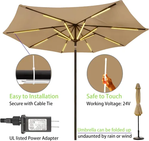Vista 5 de Luces de sombrilla de patio al aire libre, 1000 lúmenes 15 W LED blanco cálido, impermeable con temporizador regulable, luz de poste de sombrilla