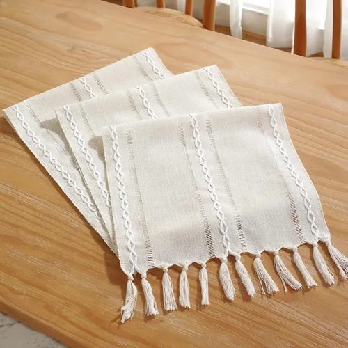 Vista 5 de Laolitou Camino de mesa rústico con borlas, decoración de mesa de lino y algodón para fiestas de vacaciones, caminos de mesa de granja, decoraciones
