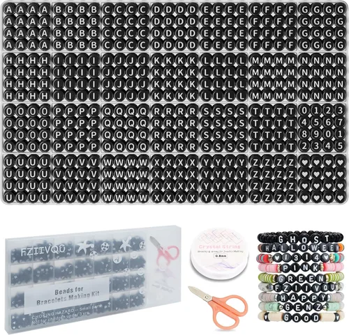 Vista 12 de FZIIVQU Kit de 1450 Piezas de Cuentas de Letras, 4x7 mm Cuentas de Alfabeto de Acrílico Blanco para Hacer Joyas, Cuentas de Corazón de Número