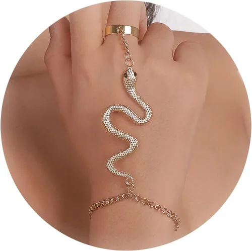 HUASAI Pulsera de serpiente de cadena de mano para mujer, pulsera de anillo de dedo, arnés de mano esclava, joyería de serpiente para fiesta de