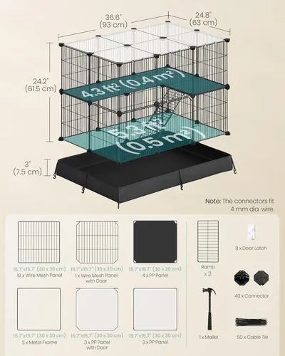 Vista 5 de SONGMICS ULPI016BH01 - Jaula para conejillos de indias de 2 niveles, jaula para conejos, corralito de animales pequeños con alfombrilla impermeable