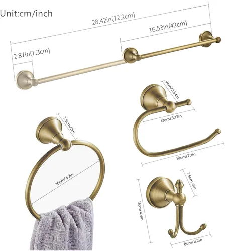 Vista 5 de WINCASE Conjunto de accesorios de baño de latón, juegos de barra de toalla ajustable antiguos, conjunto de accesorios de baño de latón cepillado