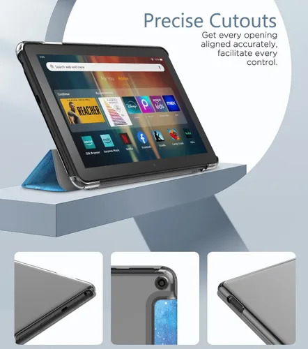 Vista 4 de MoKo Funda para tableta Amazon Kindle Fire HD 8 y 8 Plus (12/10ª generación, 2022/2020), funda de piel sintética con soporte triple y carcasa azul