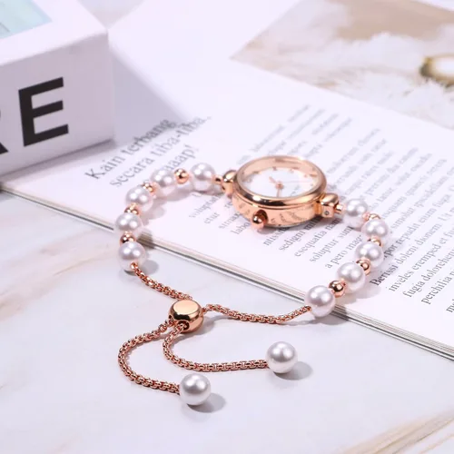 Vista 5 de JewelryWe Conjunto de reloj de pulsera de perlas: reloj de pulsera de cuarzo de oro rosa ajustable de acero inoxidable elegante con esfera redonda