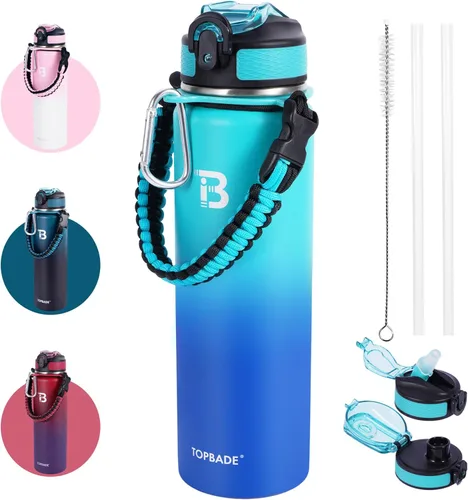 Vista 10 de TOPBADE Botella de agua aislada de 32 onzas con tapa de pajita, tapa de boquilla y mango de paracord, botella de agua de acero inoxidable de boca