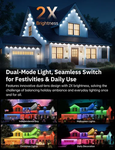 Vista 3 de Luces permanentes para exteriores Pro, lente dual de 100 pies con 50 IC+RGBCW 60lm LED, IP67 impermeables, luces de alero inteligente con 16