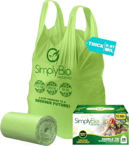 Vista 13 de Simply Bio Bolsas de basura compostables de 13 galones con cordón de cierre, extra gruesas de 1 mil, 49.21 litros, 30 bolsas, bolsa alta de cocina