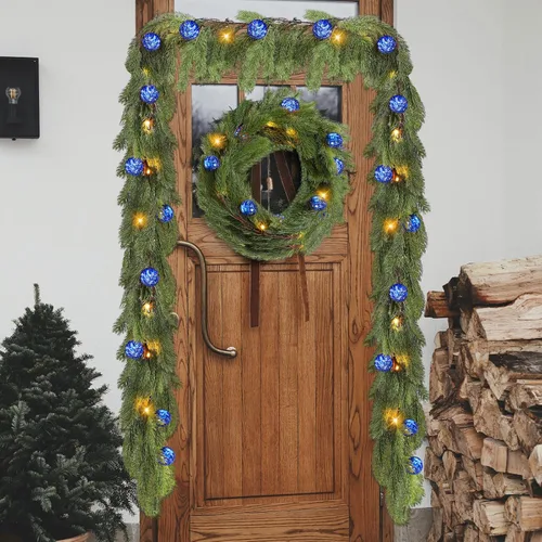 Vista 7 de Ceenna Guirnalda de Cedro de Navidad Preencendida de 6.2 Pies con Luces, Guirnalda de Pino Artificial, Decoraciones Navideñas con Adornos de Bolas