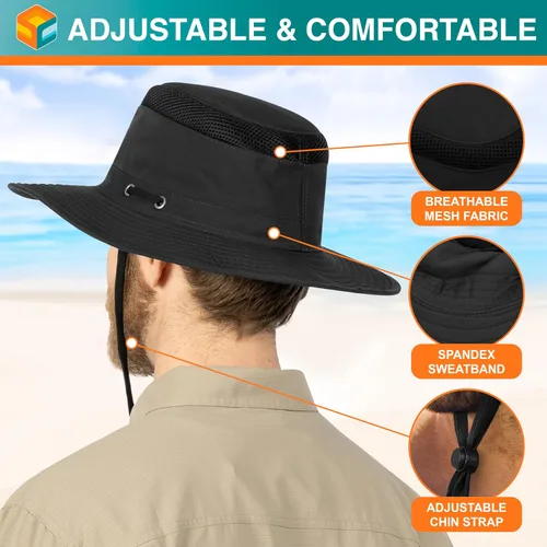 Vista 4 de SUN CUBE Sombrero de ala ancha para hombres y mujeres, protección solar UV, sombrero de safari para senderismo