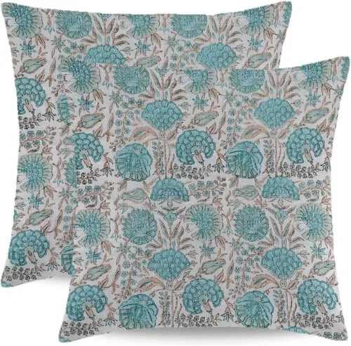 Vista 18 de Juego de 2 fundas de almohada florales bohemias de 16 x 16 pulgadas, fundas de almohada de lino con estampado de bloques azules estilo campestre