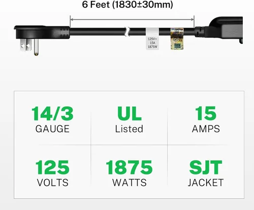 Vista 7 de FIRMERST 1875W 6 pies 15A Cable de extensión de enchufe plano de perfil bajo 14 AWG negro, listado UL