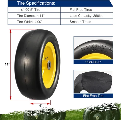 Vista 2 de MaxAuto 11x4.00-5 Neumáticos para cortacésped, 11x4-5 rueda y neumático, 11x4x5 Ensamblaje de neumáticos delanteros lisos y planos compatibles