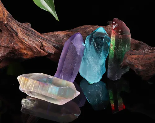 JIC Gem 4 piezas Auqa Aura, Angel Aura, Ángel Amatista, Turmalina Cristal Curativo Varita de un solo punto Piedra Pulida o Cristal Curación, Reiki y