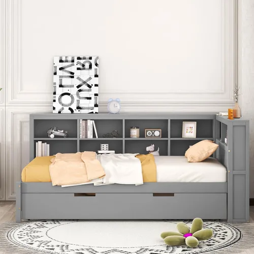 Vista 190 de Quarte Elegante cama de plataforma con estanterías en forma de L, cama de plataforma de madera tamaño individual con 2 cajones de almacenamiento