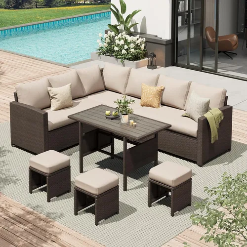 Vista 11 de AECOJOY Juego de muebles de patio al aire libre, 7 piezas de mesa de comedor y sillas seccionales de ratán, sofá de conversación de mimbre para todo