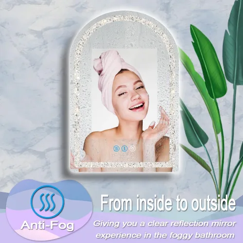 Vista 4 de Espejo de arco LED de cristal con luces de 30 x 20 pulgadas, espejo de arco iluminado para baño, pared, mesa, escritorio, espejo de tocador arqueado