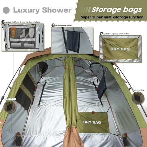 Vista 4 de Porayhut Camping Shower Tent Deluxe Changing Room Easy Set Up Privacy Shelter,Large Toilet Tent with Floor Drain Design for Beach, Camping,Hiking