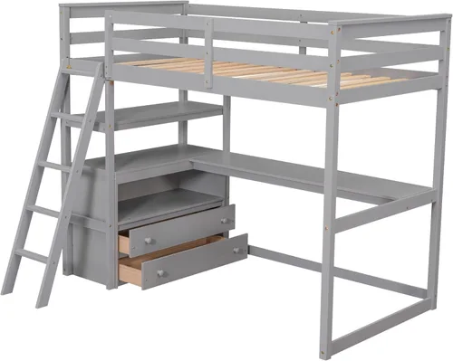 Vista 51 de Cama tipo loft de tamaño individual con estantes y escritorio, marco de cama de madera con escalera inclinada y barandilla de seguridad, adecuada
