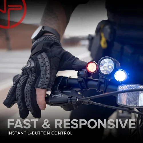 Vista 2 de PS1200 Luz delantera y OPTIKS 210 trasera para bicicleta de policía, luz estroboscópica roja/azul, recargable, resistente al agua, 5 modos