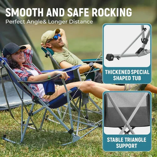 Vista 3 de FUNDANGO Silla mecedora para campamento, respaldo de malla alta, sillas de campamento plegables portátiles con almohadas, portavasos y bolsa