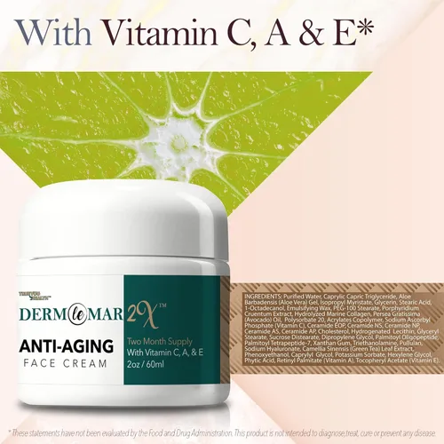 Vista 6 de Derm Le Mar 2x Crema facial antienvejecimiento - 2 meses de suministro - Fórmula mejorada con vitamina C, A y E - Ayuda a niveles saludables