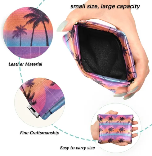 Vista 2 de Synthwave Palm Tree Sunset PU Leather Small Coin Purse Waterproof Makeup pouching Period Bag for Woman Girl