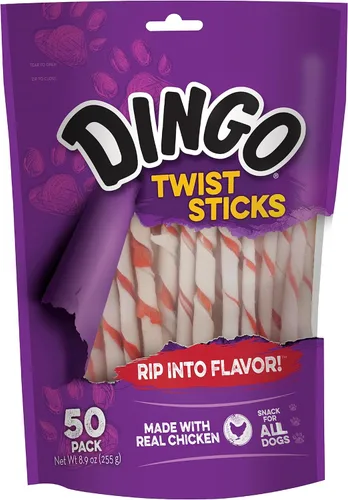 Dingo Twist Sticks 50 Unidades, Masticables de Piel Cruda para Perros, Hechos con Pollo Real, 50 Unidades (Paquete de 1)