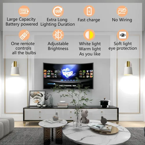 Vista 2 de Juego de 2 lámparas de lectura recargables inalámbricas LED que funcionan con pilas, lámparas de noche montadas en la pared, luces de pared