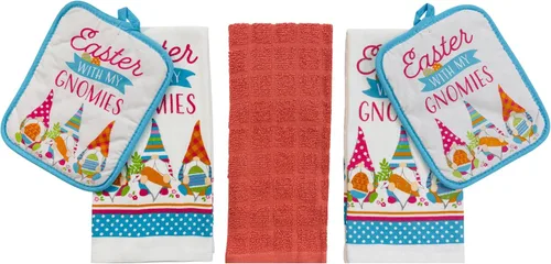 Vista 10 de Serafina Home Easter Kitchen Towel Set with Pot Holders, Spring Colored Eggs Design, 100% Cotton, White Orange Green, 5 Piece Set