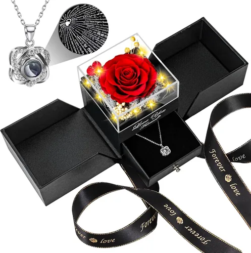 Vista 10 de Collar con diseño de rosa real preservada con corazón con texto en inglés "I Love You", flores eternas, regalos de cumpleaños para mujeres, mamá