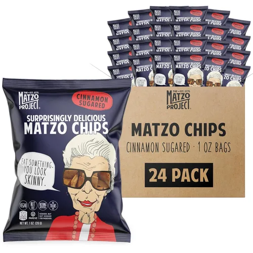 The Matzo Project Chips de matzo crujientes, sabor a azúcar de canela, vegano, sin nueces, paquete de 24 bocadillos a granel, 1 onza cada uno,