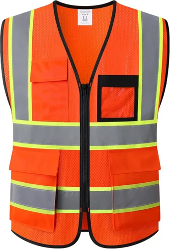 Vista 12 de Chaleco de seguridad para mujer, chaleco de alta visibilidad con 8 bolsillos y cremallera frontal, chaleco reflectante de malla que cumple