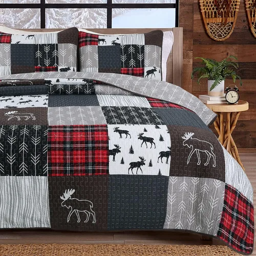 Cozy Line Home Fashions True Patchwork Lodge - Juego de ropa de cama reversible de cabaña rústica, colcha (Moose, individual, 2 piezas)
