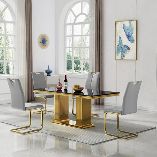 Vista 30 de 5 Piece Black Marble Dining Table Set for 4, Modern Faux Marble Kitchen Dining Room Tables with 4 Leather Chairs Set, 68.11" Luxury Rectangular