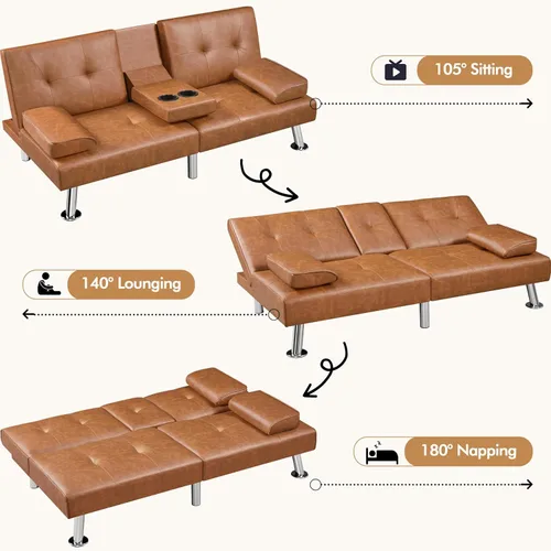 Vista 22 de Yaheetech Sofá biplaza cama, convertible, tela, ajustable, moderno, reclinable, reversible, plegable, reposabrazos extraíbles, portavasos, 3