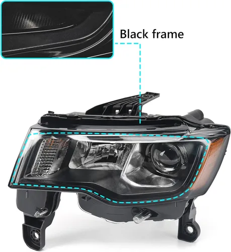 Vista 2 de FIONE - Para Jeep Grand Cherokee Conjunto de Faros Delanteros 2017 2018 2019 2020 2021 [Modelo Halógeno] Carcasa Negra Faros Proyectores Cabeza