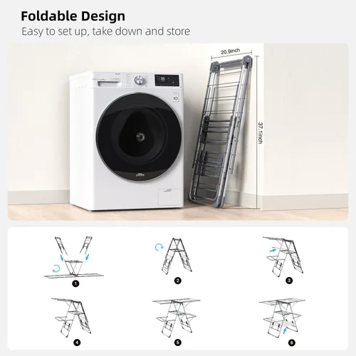 Vista 2 de Tendedero de Ropa Plegable de 2 Niveles para Secar Ropa, Tendedero de Acero Inoxidable Plegable para Interiores y Exteriores, con Alas de Altura