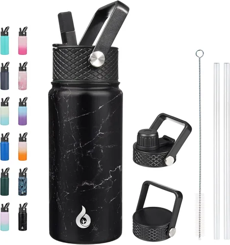 Vista 111 de BJPKPK - Botellas de agua aisladas con tapa de popote, botella de agua de acero inoxidable de 27 onzas con 3 tapas, termo de metal libre de BPA a