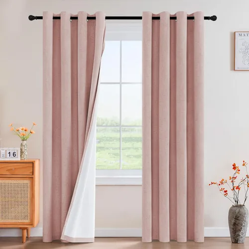 Vista 146 de PrinceDeco Cortinas con textura de lino 100% opacas de 64 pulgadas de largo, juego de 2 paneles de cortinas de lino opacas con forro aislante Arena