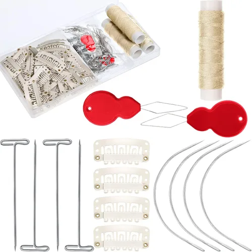 Juego de 85 extensiones de cabello con clip, incluye 50 clips a presión en forma de U, 10 agujas curvas, 20 pines en T, 3 rollos de hilo de tejer, 2