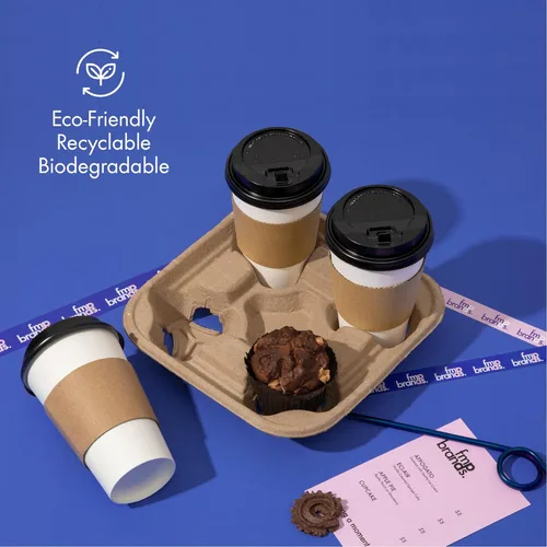 Vista 4 de FMP Brands Uber Eats - Bandejas desechables para 4 tazas, paquete de 45 soportes compostables de fibra de pulpa para tazas de 8 a 32 onzas, soportes