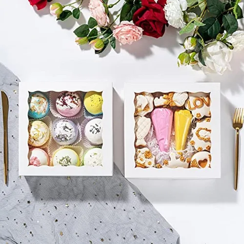 Vista 6 de RomanticBaking 15 cajas de panadería de 8 x 8 x 2 pulgadas con ventana, cajas de galletas cubiertas de chocolate, caja de fresas para panadería