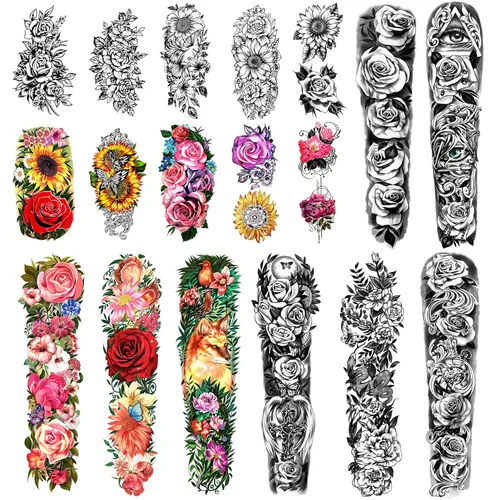 Tatuaje temporal de brazo completo, 8 hojas y tatuajes de hombro medio brazo, 10 hojas, impermeables, extra grandes, duraderas, calcomanías de
