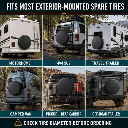 Vista 7 de Cubierta de neumático de repuesto, protectores de neumáticos impermeables, ajuste universal para Jeep, Trailer, RV, SUV, camión y muchos vehículos.