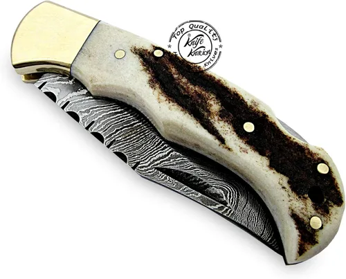 Vista 7 de Cuchillo de bolsillo plegable hecho a mano de acero de Damasco de 6.5 pulgadas, cuchillo de caza, accesorios de caza de supervivencia al aire libre