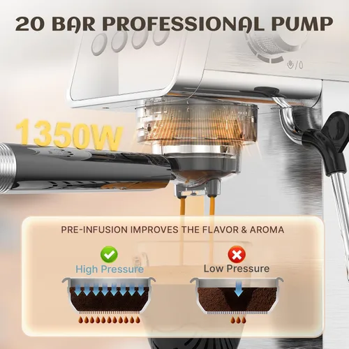Vista 3 de Máquina de café expreso con espumador de leche de vapor, cafetera espresso profesional de 20 bares para café con leche y capuchino, control de 1