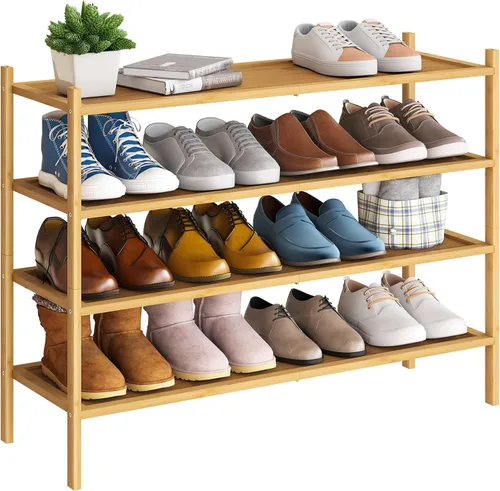 Vista 8 de BMOSU - Estante de zapatos pequeño de bambú de 2 niveles premium, organizador de almacenamiento apilable para pasillo, armario, sala de estar y Negro