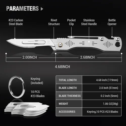 Vista 3 de ITOKEY Cuchillo de bisturí plegable, cuchillo de bolsillo de bisturí, bisturí quirúrgico con 10 cuchillas de afeitar reemplazables #23, abridor