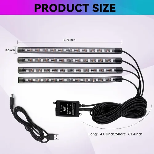 Vista 2 de Luces interiores para automóvil, control de aplicación, luces LED inteligentes para automóvil, 48 luces LED multicolor, luces interiores LED